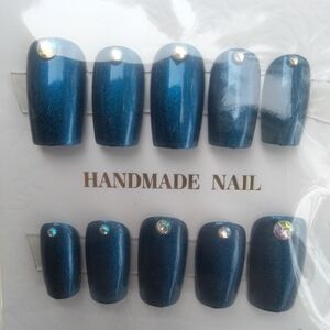 Handmade Blue Teal Press-On Nails with Rhinestones